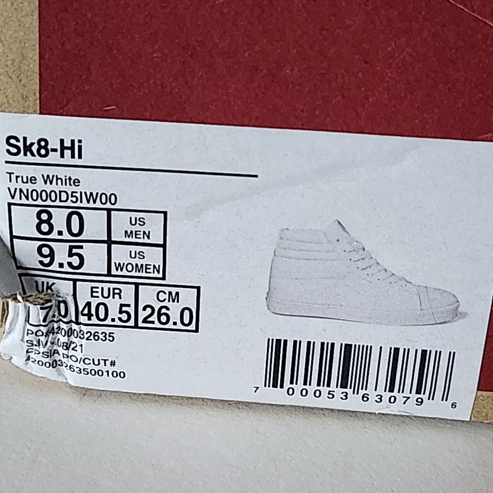 NIB Vans Womens True White Sk8-Hi Hightop Skate Shoes Womens 9.5 Mens 8.0 - Picture 2 of 13